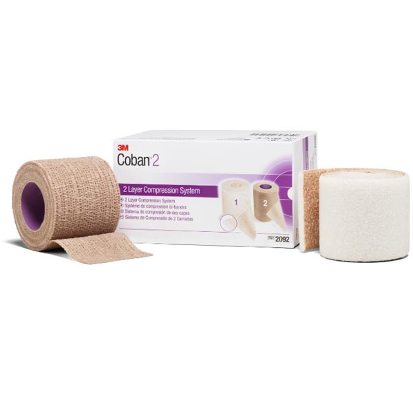 2 Layer Compression Bandage System 3M™ Coban™ 2 2 Inch X 1-3/10 Yard / 2 Inch X 3 Yard 35 to 40 mmHg Self-adherent Closure Tan / White NonSterile