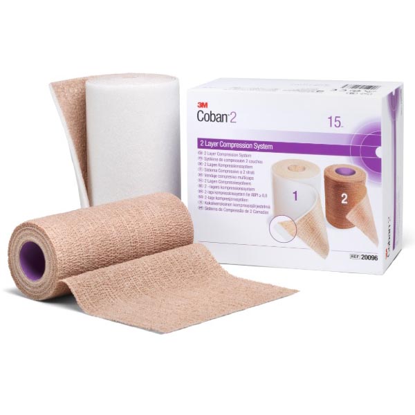 2 Layer Compression Bandage System 3M™ Coban™ 2 6 Inch X 3-4/5 Yard / 6 Inch X 4-9/10 Yard 35 to 40 mmHg Self-adherent Closure Tan / White NonSterile