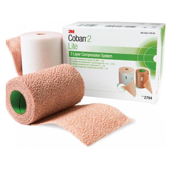 2 Layer Compression Bandage System 3M™ Coban™2 Lite 4 Inch X 2-9/10 Yard / 4 Inch X 5-1/10 Yard 25 to 30 mmHg Self-adherent / Pull On Closure Tan / White NonSterile