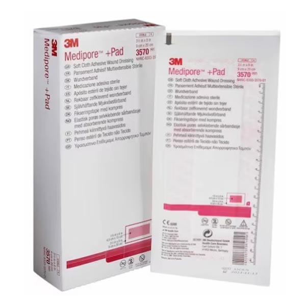Adhesive Dressing 3M™ Medipore™ 3-1/2 X 8 Inch Soft Cloth Rectangle White Sterile