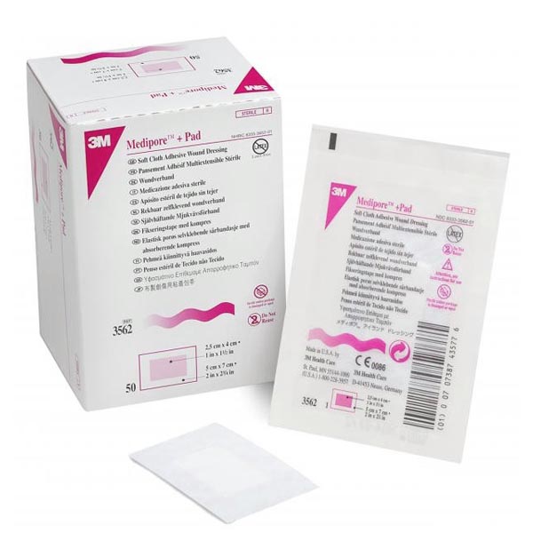 Adhesive Dressing 3M™ Medipore™ 2 X 2-3/4 Inch Soft Cloth Rectangle White Sterile